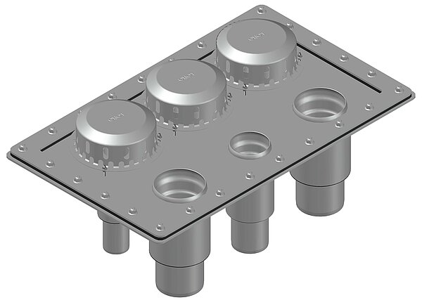 LORO-X VARIOFIT rörgenomföringar – för minimalt avstånd mellan rörgenomföringarna, variabelt och exakt enligt kundens önskemål. Exempel med 3 LORO-X DRAINLET brunnar för avvattning och 3 LORO-X rörgenomföringar