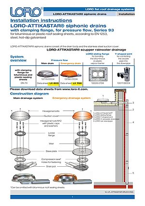 Installation instructions LORO-X ATTIKASTAR® Siphonic drainage – Cover page (PDF)