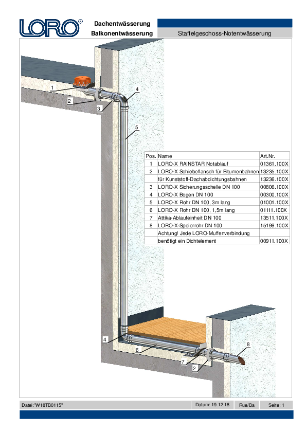 Paso de tuberías LORO-X para planta escalonada como drenaje de emergencia conduce el drenaje de la cubierta sobre la terraza de forma resistente al reflujo