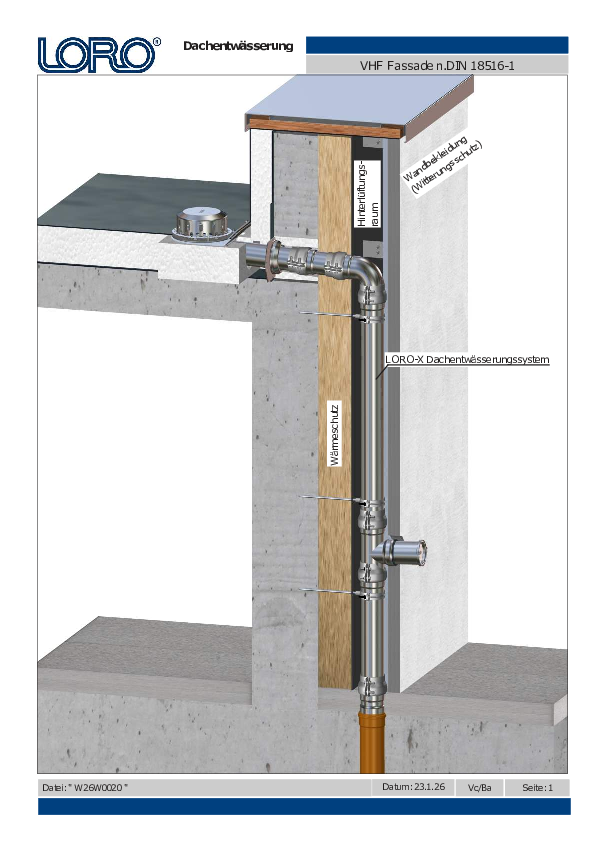 La cámara de ventilación de la fachada VHF según la DIN 18516-1 es ideal para la integración de los sistemas LORO-X de evacuación de petos. Los tubos de desagüe de acero LORO-X se pueden instalar de forma invisible entre el aislamiento y el revestimiento de la fachada – protegidos, de fácil mantenimiento y conformes con la protección contra incendios.