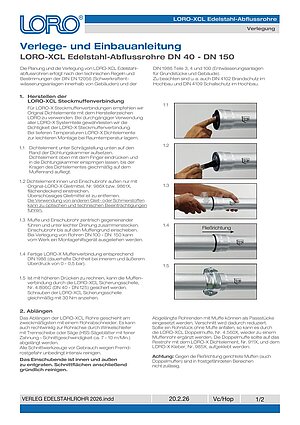 Verlegeanleitung LORO-XCL Edelstahlrohre – Titelseite (PDF)