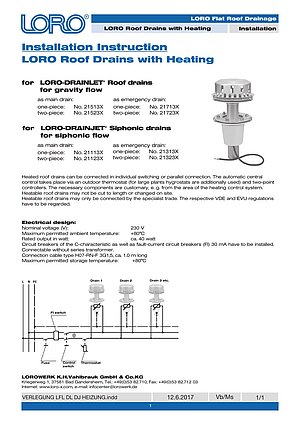 Installation instructions LORO-DRAINLET®/DRAINJET® roof drains with heating – Cover page (PDF)