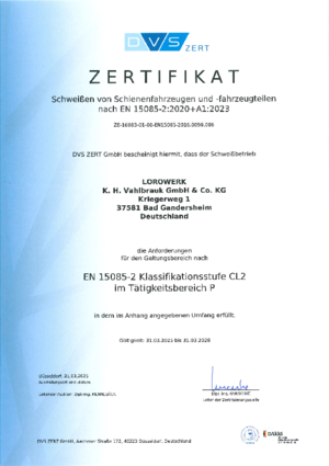 LORO DVS ZERT welding of rail vehicles and vehicle parts according to EN 15085-2 