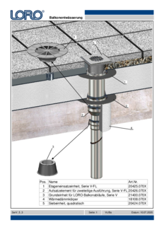 LORO-X scarico balcone Serie V-FL per plastica liquida in due pezzi come scarico singolo con rivestimento in piastrelle