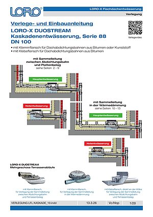Installation instructions LORO-X DUOSTREAM cascade drainage, Series 88, DN 100 – Cover page (PDF)