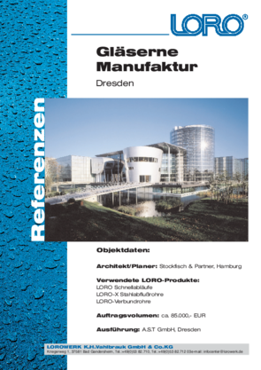 VW Gläserne Manufaktur Dresden staklena fasada sa skrivenim LORO-X krovnim odvodom